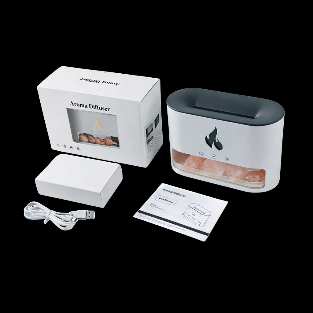 Difusor de Aromas Premium con Efecto Llama + Cristales de Sal Himalaya